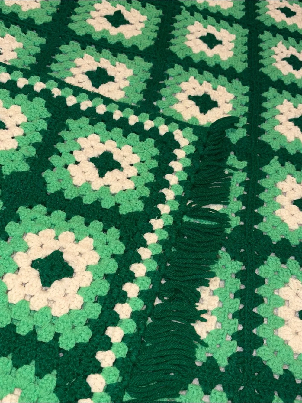 Handmade vintage Granny Square Crochet Blanket in Green and Cream